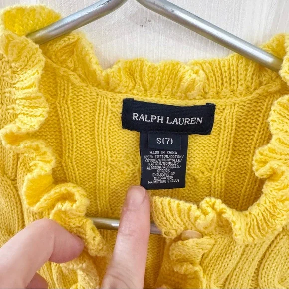 Ralph Lauren Bright Yellow 💛 Knit Sweater with Ruffled Trim & Purple Logo – SM - Picture 4 of 6